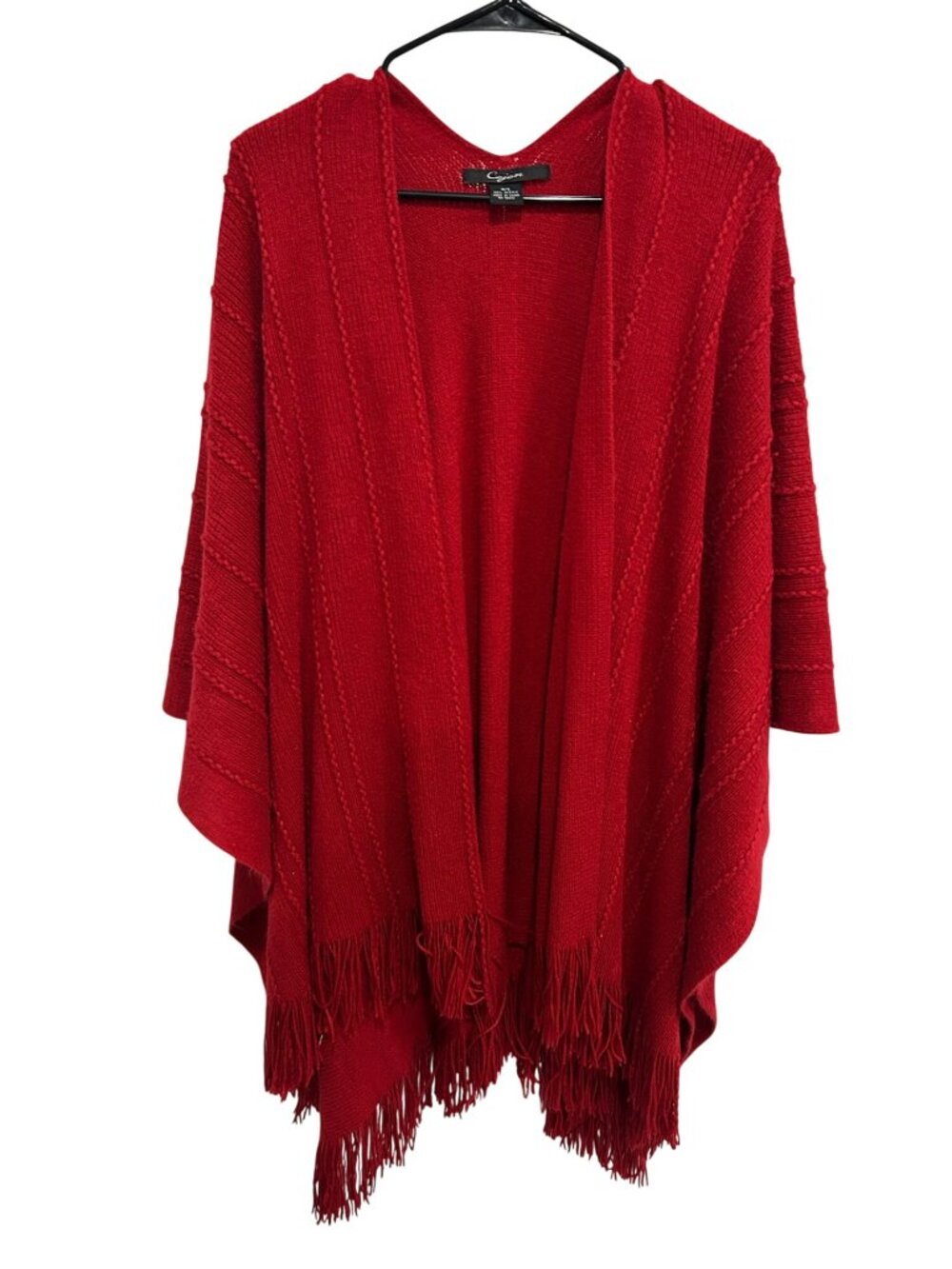 Cejon One Size Red Fringe Hem Open Front Knit Poncho Whimsical Cozycore